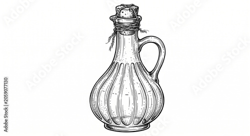 Vintage hand drawn sketch of a glass bottle with a cork stopper and rope. Retro engraved style illustration of a decanter.