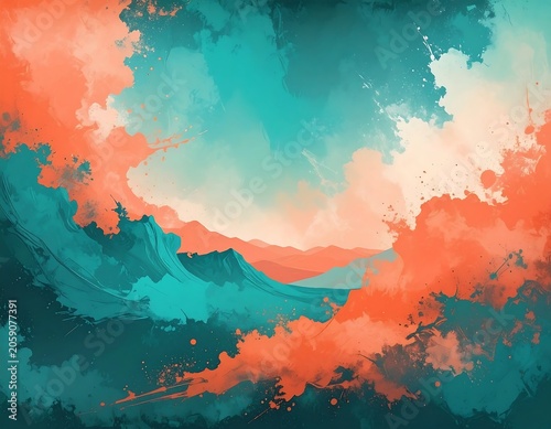 A vibrant, abstract depiction of a sunset over a wavy landscape