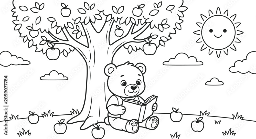 Fototapeta premium Cute teddy bear reading under apple tree coloring page for kids