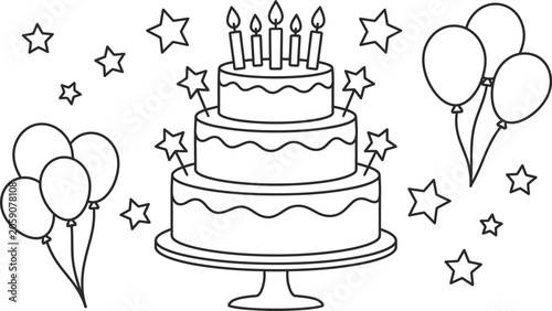 Birthday cake coloring page with balloons and stars for kids