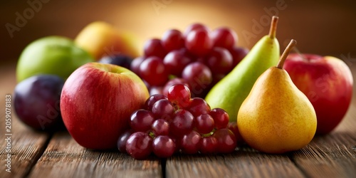 Fresh autumn fruits on rustic wooden table