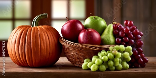 Autumn pumpkin and fresh fruit harvest on wooden table