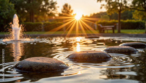 Serenity of stepping stones in tranquil water at sunrise  
