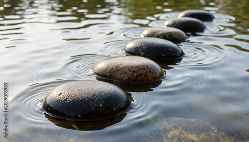 Smooth stones lined in calm water with gentle ripples  