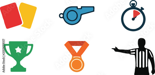 Fotografía Sports Referee and Competition Icons Set – Whistle, Stopwatch, Trophy, Medal, Ca