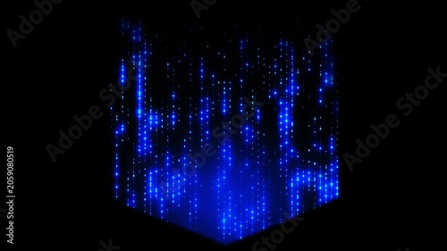Abstract isometric CPU chip processing data flow. Glowing blue light particles moving vertically from microprocessor microchip. Computer server hardware data transmission loop animation.