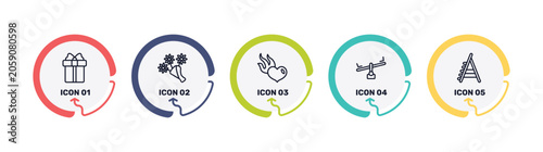 general outline icon set featuring gift box with ribbon, daisy bouquet, heart in flames, balancer icons.