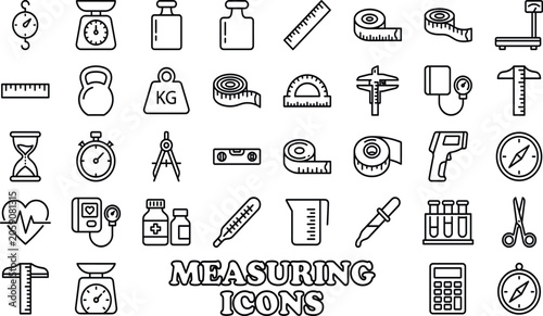 Bild auf Leinwand Creative minimalist outline style collection of thirty-eight measuring icons featuring essential measurement tools, weight scales, and scientific laboratory equipment line art illustrations