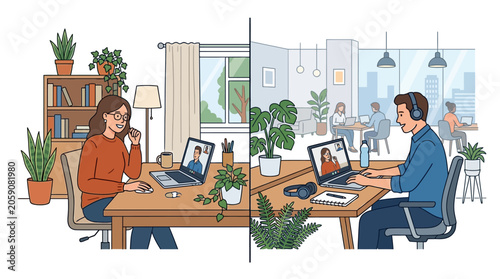 Workers communicate via video call while balancing tasks in home and shared office environments.
