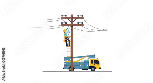 Lineman working on utility pole with bucket truck, electricity repair service