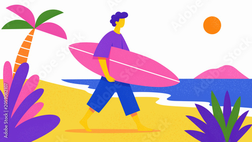 summer surfer walking on tropical beach with surfboard retro risograph illustration
