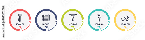 Photos toolbox outline icon set featuring antique key, condenser, hydraulic breaker, adjustable spanner icons