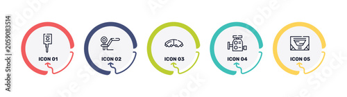 Konstfotografi car parts outline icon set featuring car ignition, car towbar, brake pad, carburettor icons