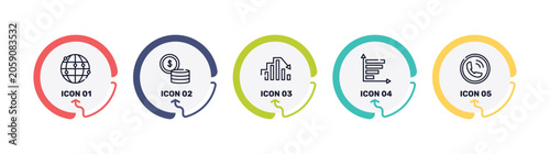 strategy and management outline icon set featuring network, money, peak, bar graph icons.