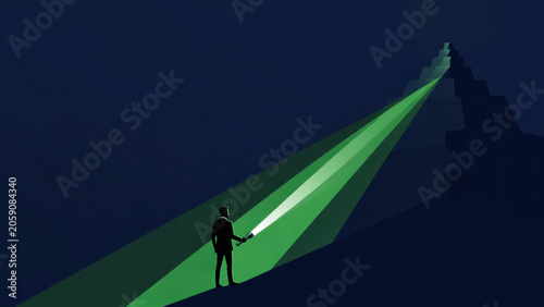 A silhouette of a businessman uses a flashlight to illuminate a dark, stepped pyramid with a green beam against a deep blue sky. In search of success.