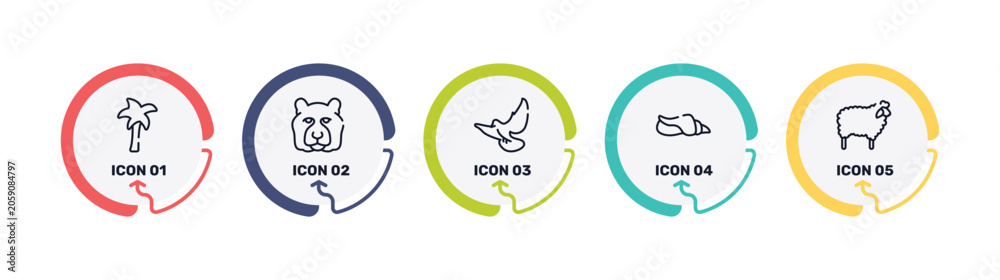 Naklejka premium free animals outline icon set featuring plain palm tree, tiger head, flying dove, seashell conch icons.