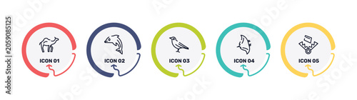 Photography wildlife outline icon set featuring dromedary, dolphin, crow, manta ray icons