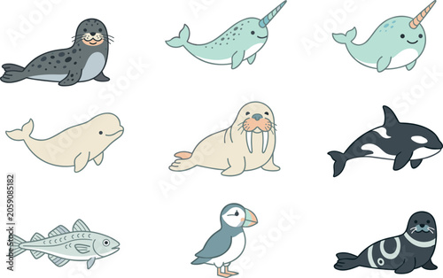 Obraz na plátně Cute Arctic Marine Wildlife Vector Icon Collection Featuring Narwhal Beluga Whal