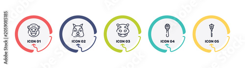 Photography winter nature outline icon set featuring gorilla, squirrel, hippopotamus, maracas icons