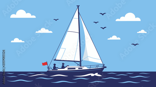 Sailboat with two people sailing on blue ocean under cloudy sky  