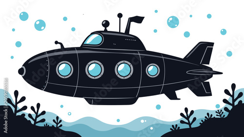 Cartoon submarine sailing through bubbles and seaweed underwater  