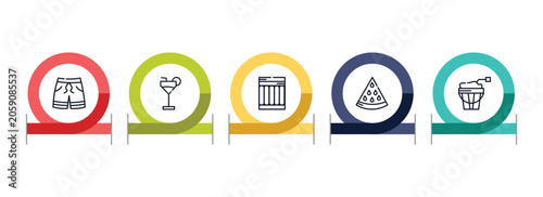 Photos summer outline icon set featuring swimming trunks, refreshing cold drink, air mattress, slice of melon icons