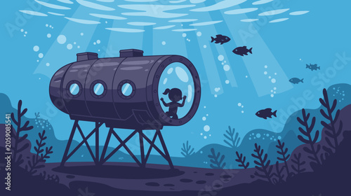 Girl observing fish inside a submarine in an underwater environment  