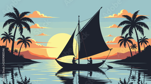Sailboat drifting on calm waters with sunset and palm trees  