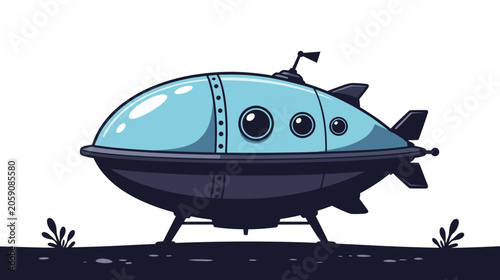 Retro futuristic submarine illustration in blue and black colors  
