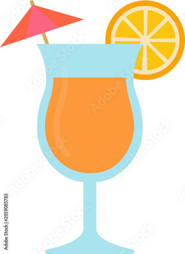 Colorful Drink With Umbrella and Lemon Slice Served in Glass