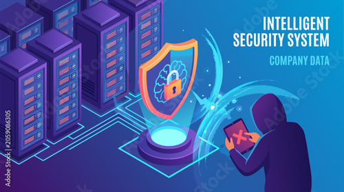 Isometric server farm illustration showing a prominent neon security lock shield icon guarding high value database mainframes against industrial cyber espionage.