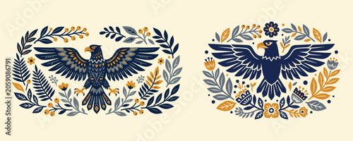 Cuadro en lienzo Set of minimalist flat vector illustrations featuring a stylized rustic eagle surrounded by abstract botanical branches and flowers in a modern folk art linocut style