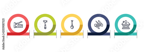 Photos construction outline icon set featuring big stapler, hammer facinf left, long shovel, jackknife icons