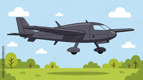Cartoon airplane flying over green landscape with blue sky  