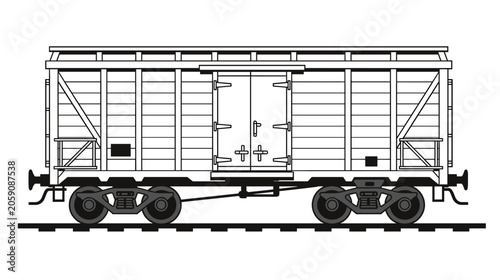 Vintage railway freight car illustration in black and white  
