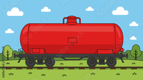 Red train tanker cart on railway track in green landscape  