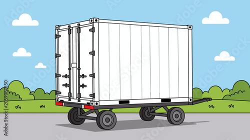 Shipping container on a cart in the park with blue sky and clouds  