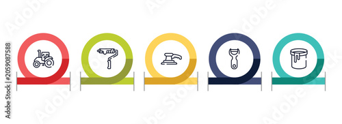 Foto tools and hinery outline icon set featuring farm tractor, brush for painting, sanding hine, peeler icons