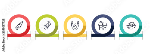 Foto work tools outline icon set featuring saw hand drawn tool, light spot, inclined magnet, house hand drawn building icons