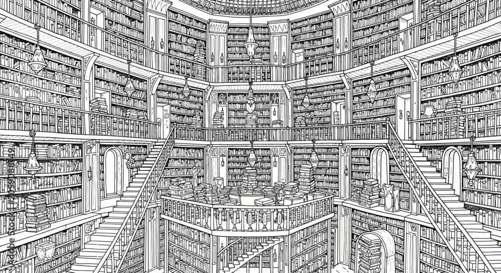 Obraz premium A large library with many bookshelves and staircases drawn in perspective