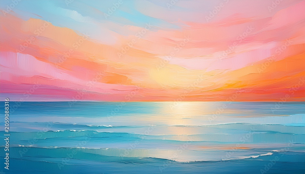 Fototapeta premium Soft Pastel Abstract Painting Of A Sunrise Horizon With Layered Pink Orange And Blue Brushstrokes Suggesting Sea And Sky