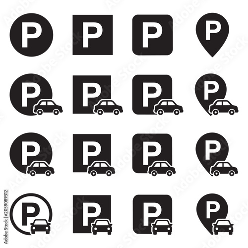 Set of parking icons with letter p and car symbols in various shapes and styles vector design.