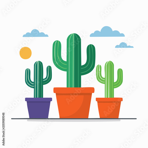 Three Potted Cacti Under a Sunny Sky