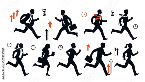 Fotografija Silhouettes of business people, men and women, running forward with briefcases, surrounded by time and growth icons, depicting business urgency and development on an isolated white background