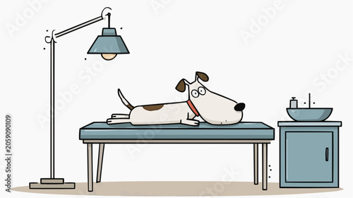 Fotografie Cartoon dog patiently waits on a cool examination table at the vet clinic feelin