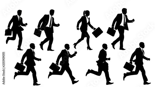 Fotografie Silhouettes of business people, men and women, running forward in various poses, carrying briefcases, depicting determined effort on an isolated white background