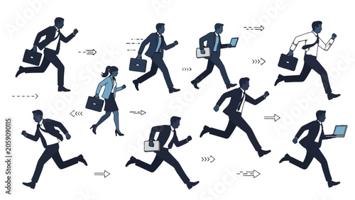 Billede på lærred Diverse group of business people, men and women, running forward with briefcases and laptops, in a bright studio with speed lines, dynamic concept of career pursuit