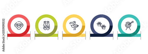 Photography wildlife outline icon set featuring chimpanzee, vest, pelican, pawprints icons