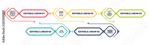 Fotografie summer outline icon set featuring life guard, pair of flip flops, funicular, pamela hat icons