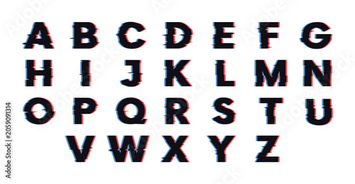 Fotografie Full english alphabet letters with digital chromatic aberration effect for modern futuristic typography and design